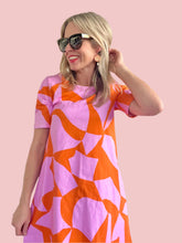 Light Pink & Orange Puzzled Short Sleeve Swing Dress