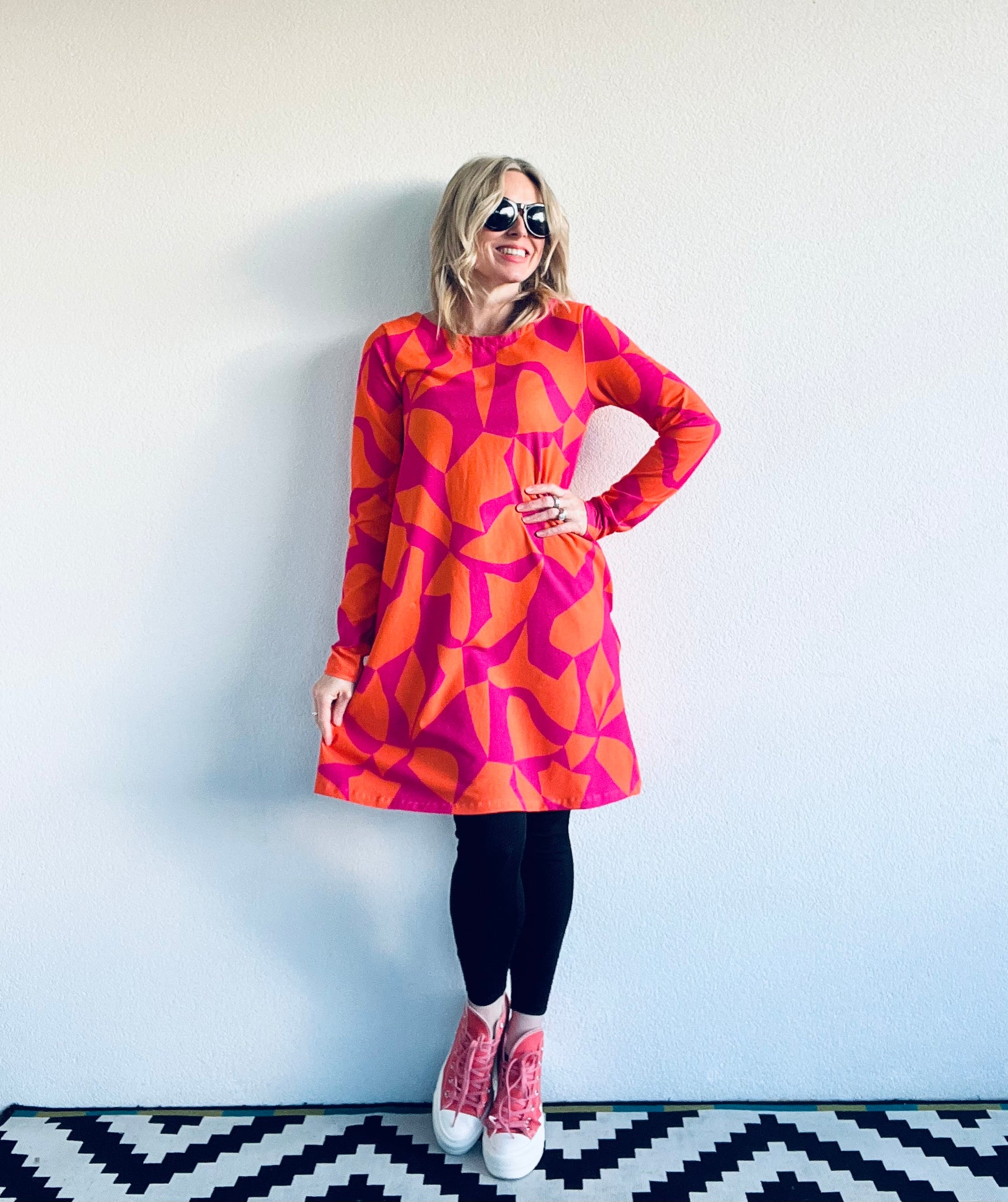Puzzled Winter Swing Dress Fucshia Burnt Orange KarlaCola Puzzled Winter Swing Dress Fucshia Burnt Orange KarlaCola