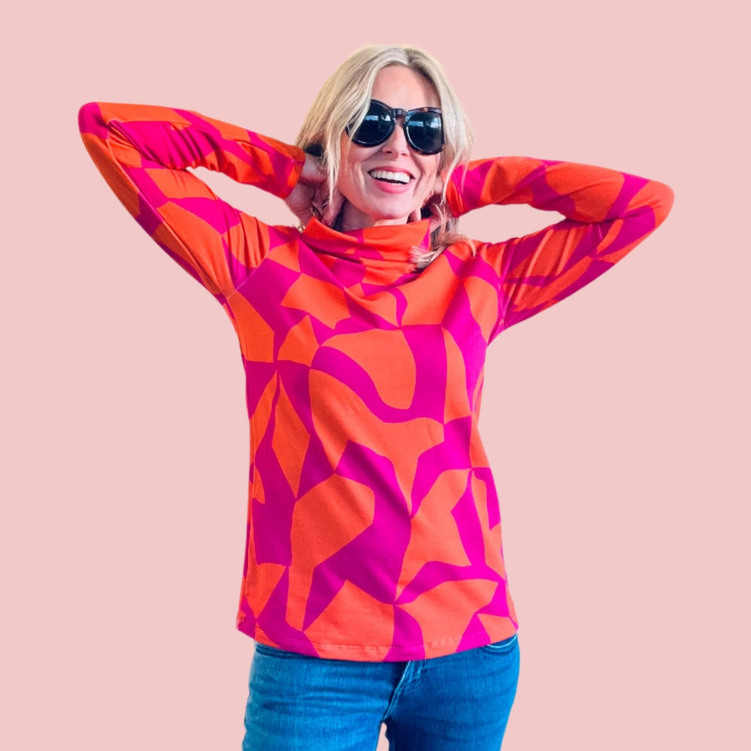 Puzzled Cowl Neck Fuchsia Burnt Orange Sweater