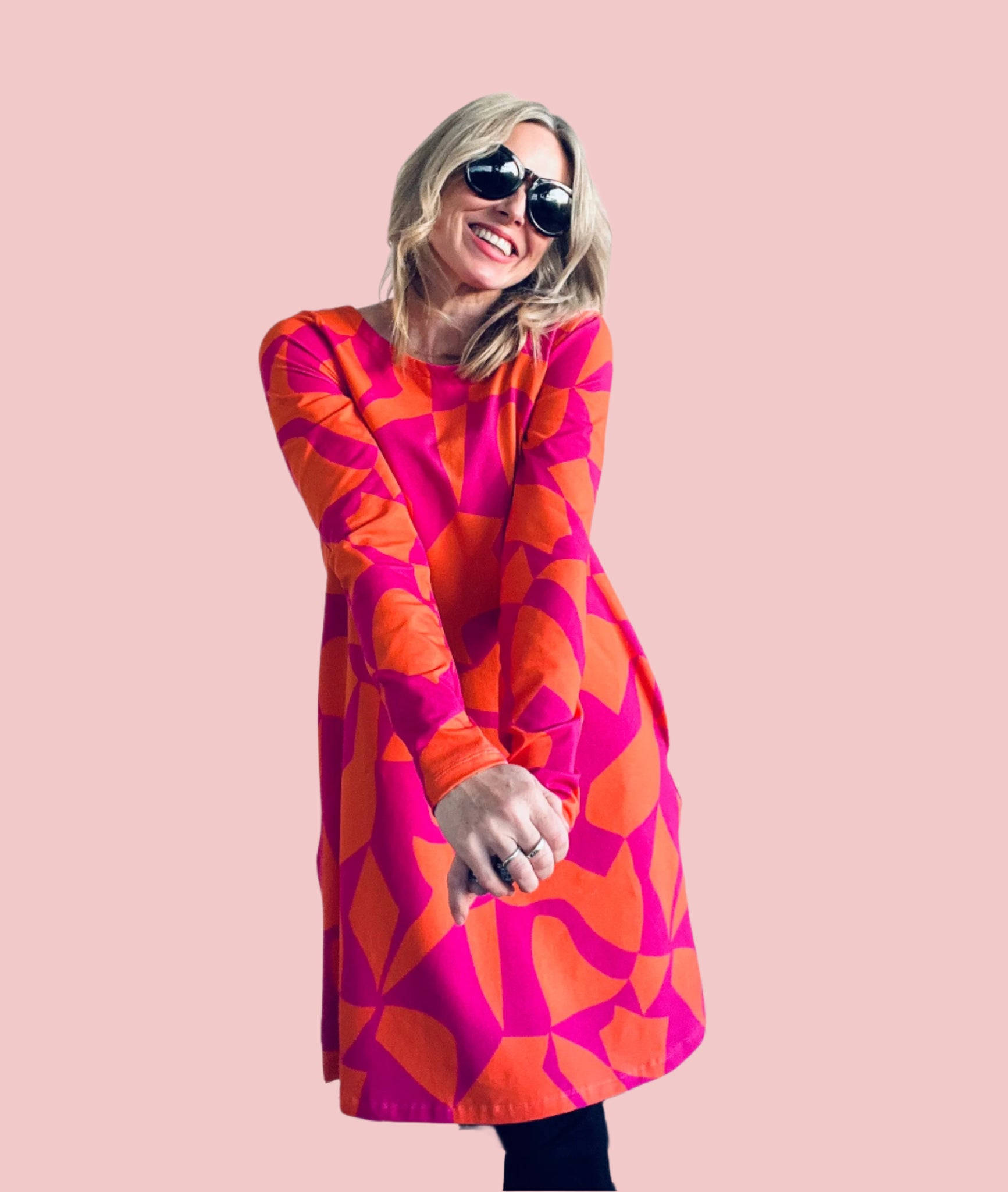 Puzzled Winter Swing Dress Fucshia Burnt Orange – KarlaCola Puzzled Winter Swing Dress Fucshia Burnt Orange – KarlaCola