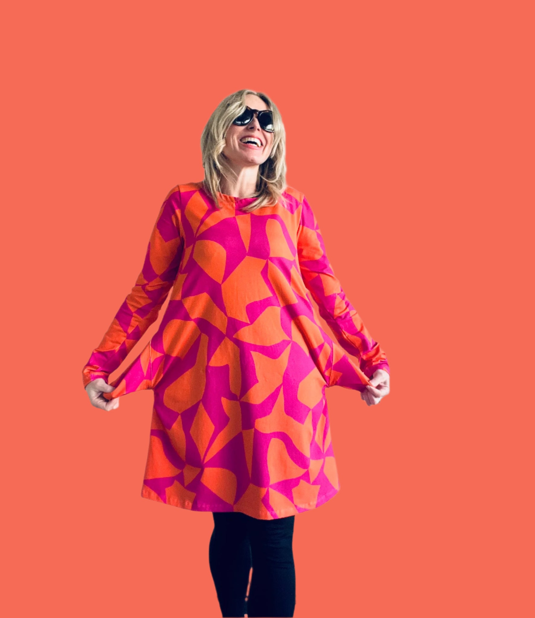 Puzzled Winter Swing Dress Fucshia Burnt Orange KarlaCola Puzzled Winter Swing Dress Fucshia Burnt Orange KarlaCola