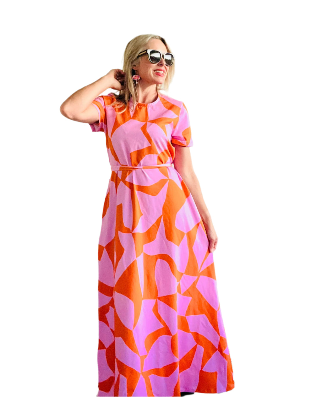 Pink & Orange Puzzled Jersey Maxi Dress