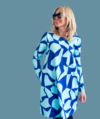 Puzzled  Winter Swing Dress Blue on Blue