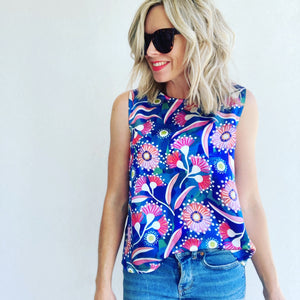 Native Blooms Blue silk shell top