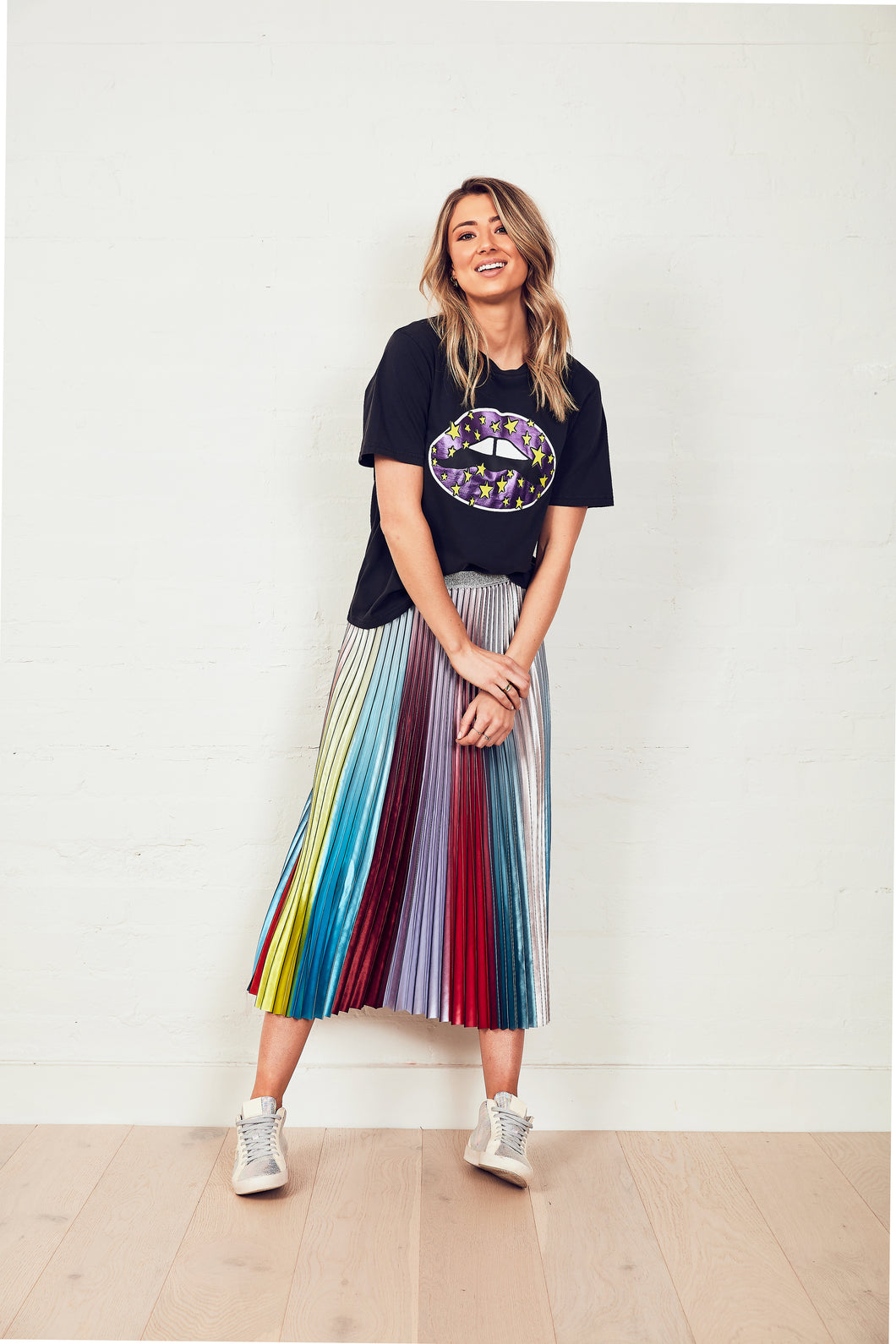 Pleated elastic waist skirt - ombre rainbow